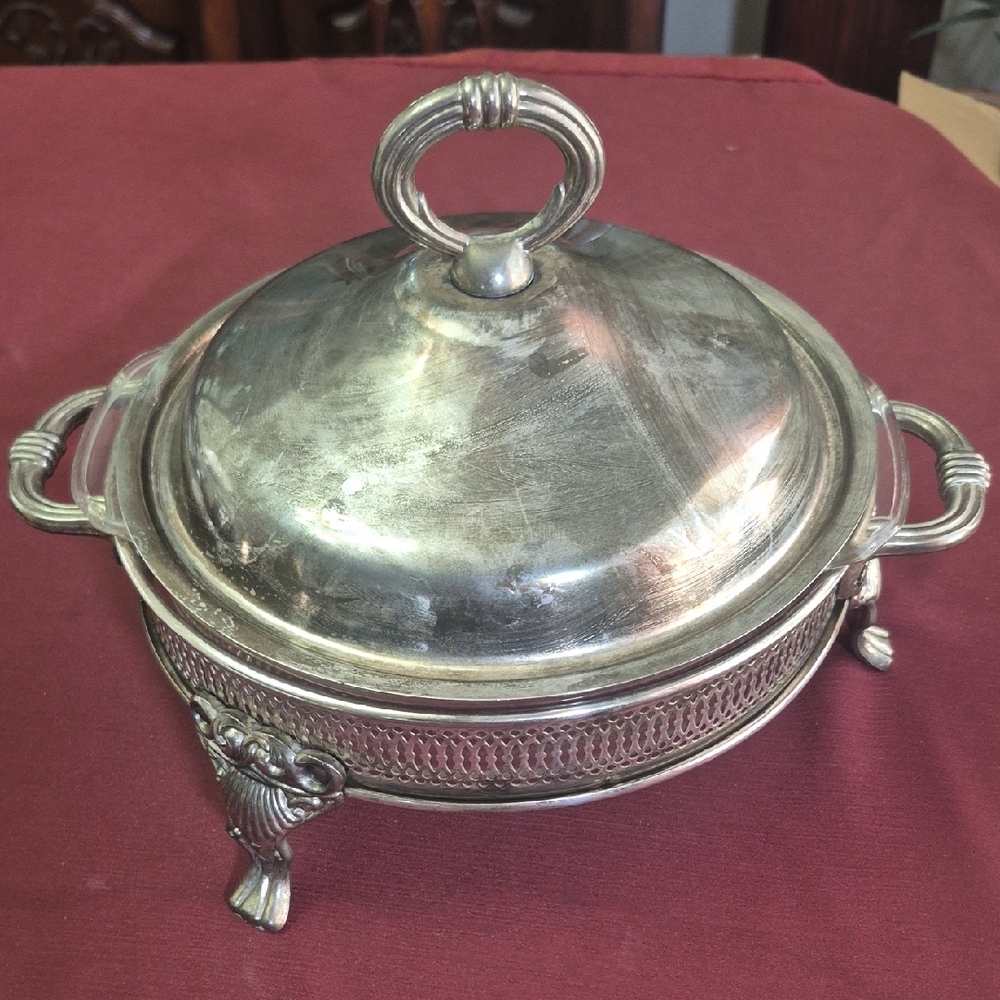 Elegant Silver Plate Covered Casserole Serving Dish With Fire King Liner